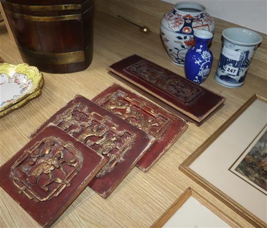 Three Oriental vases and five Chinese carved wood panels